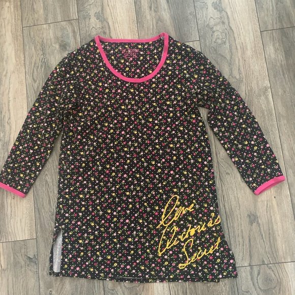 VICTORIA'S SECRET LONG SLEEVE BLACK/PINK/YELLOW FLORAL NIGHTGOWN XS-EUC - Picture 1 of 7